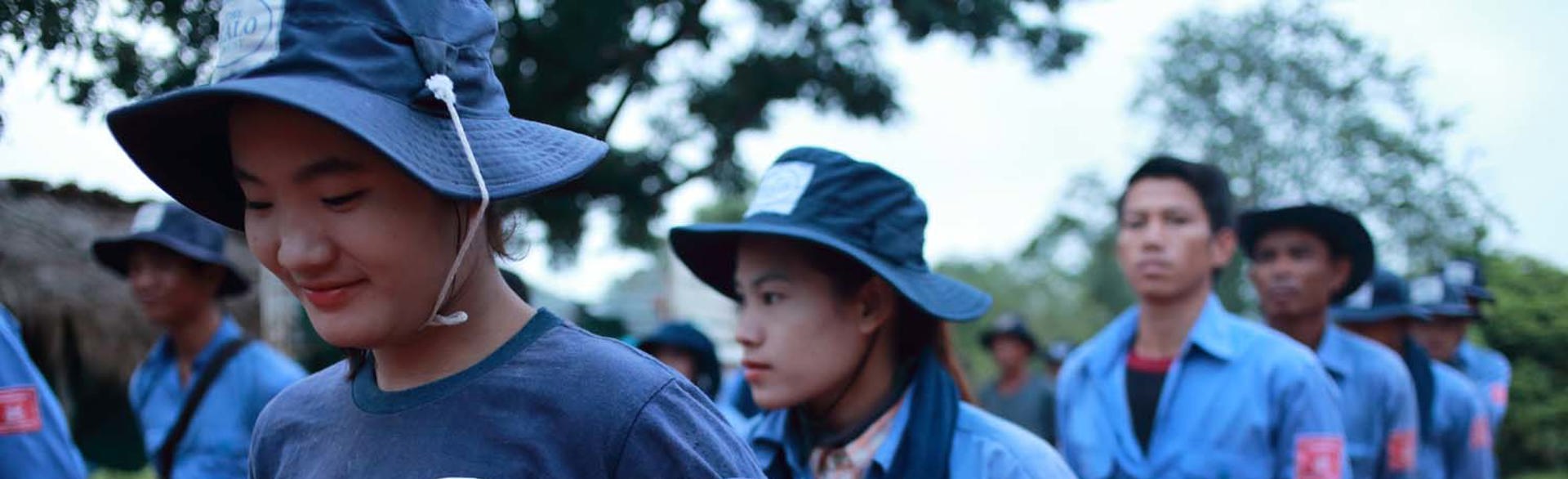 A group of deminers during a morning parade before work in Cambodia