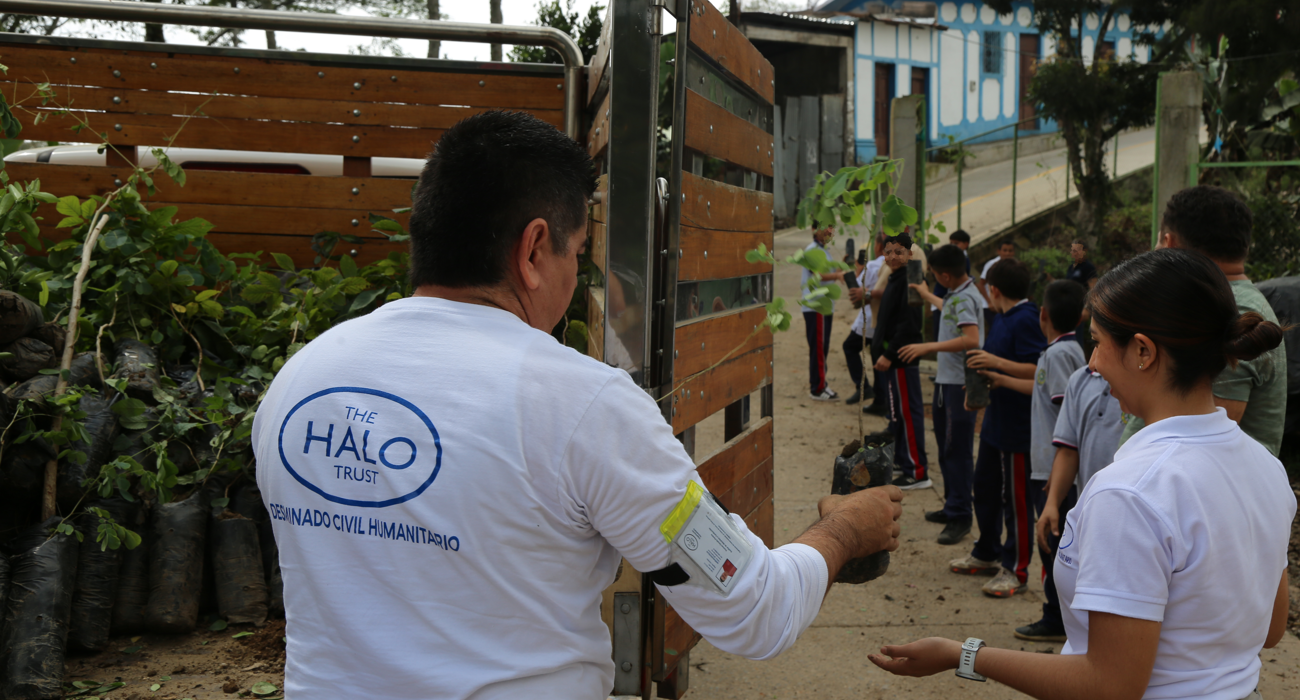 A man in a HALO shirt hands out potted tree seedlings to be passed down a line of people.
