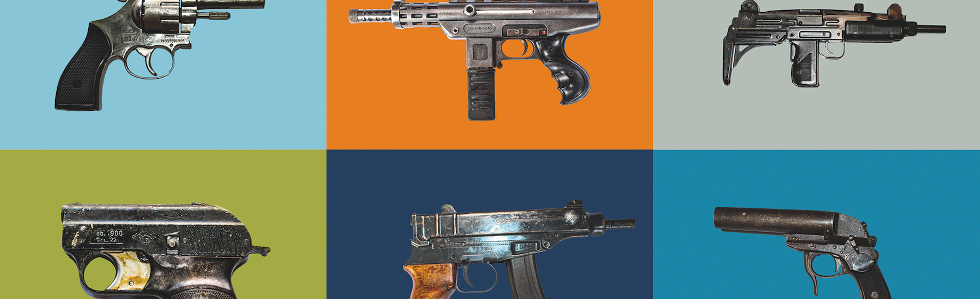 A variety of different types of small arms against a blue, orange, and green background