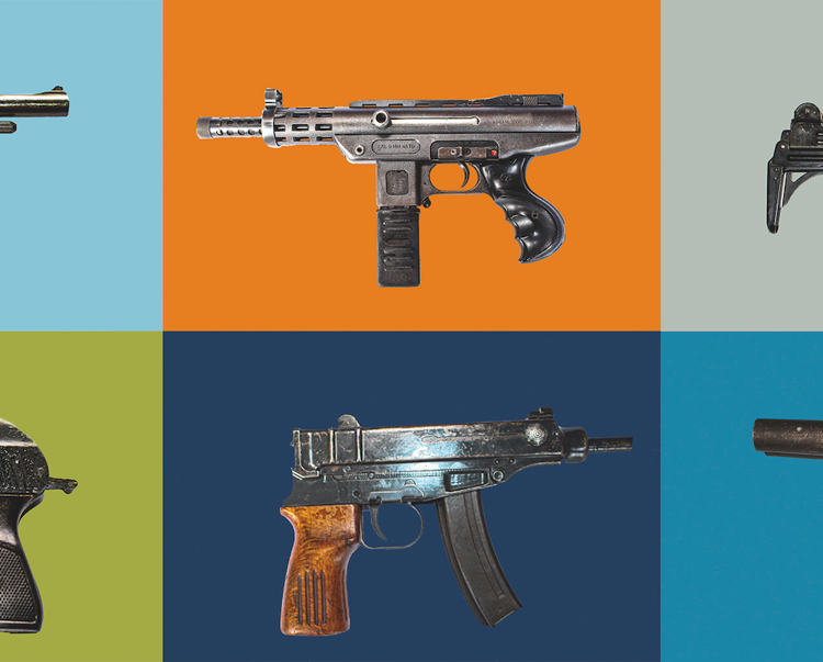 A variety of different types of small arms against a blue, orange, and green background