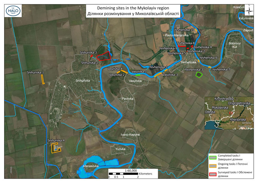 A satellite map depicts contamination and HALO demining sites in the Mykolayiv region in Ukraine