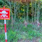 A red mine warning sign stands in front of mine marking sticks in the grass