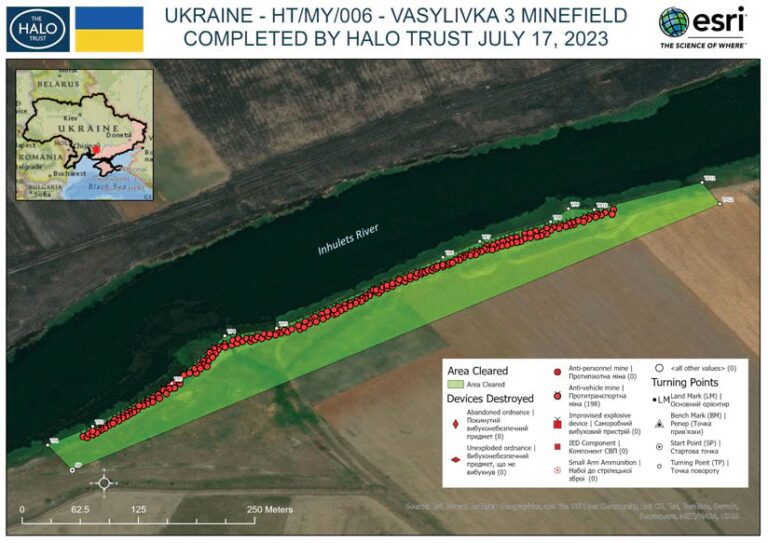 Map displaying surveyed minefield boundaries and evidence points, generated using ArcGIS Pro and Trimble DA2 GNSS data, to guide clearance operations