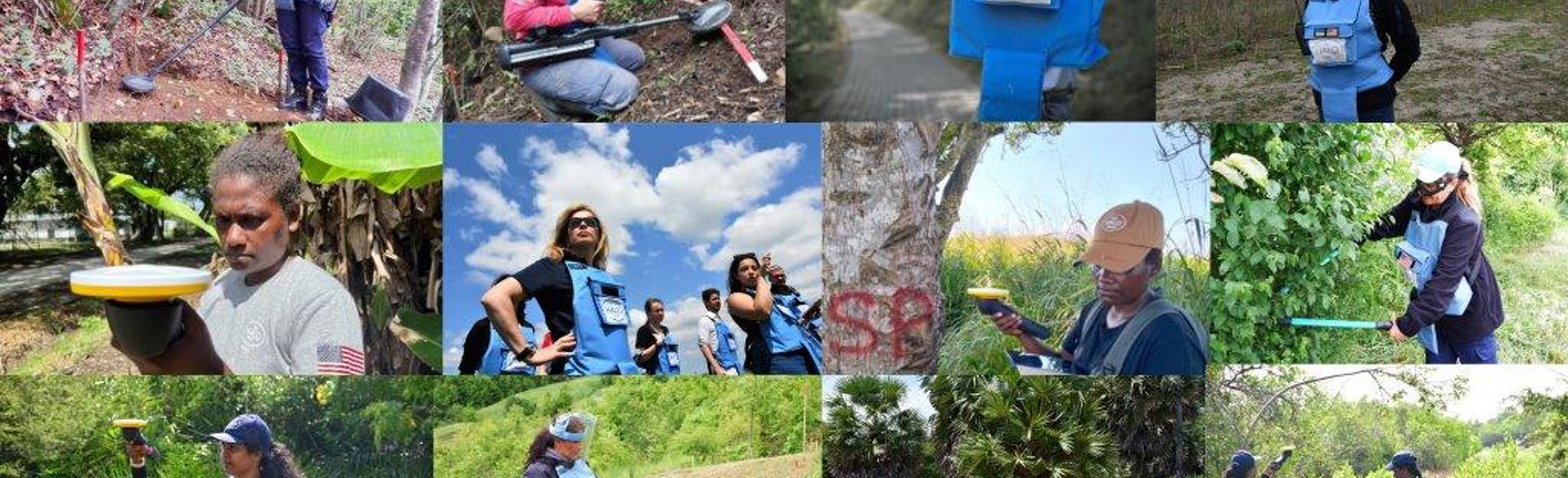Collage of female deminers across the world for International Women's Day