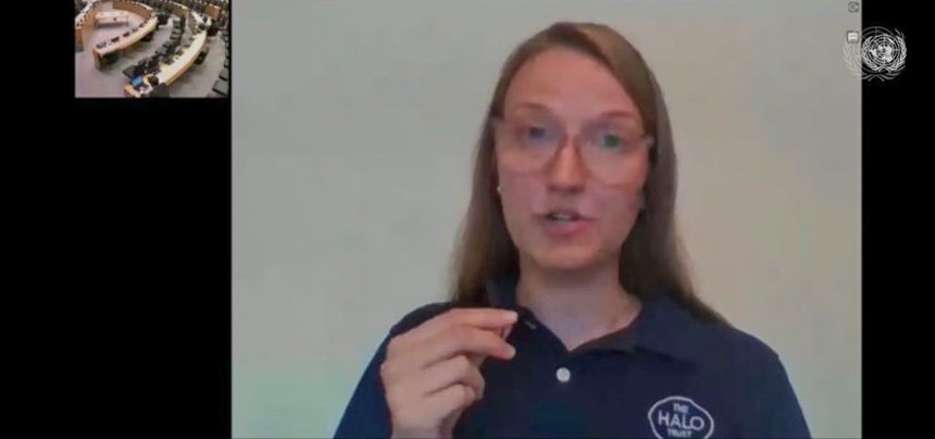 Kristen Stevens, Head of Congressional Affairs at HALO, addresses the UN advocating for greater cooperation in Weapons and Ammunition management