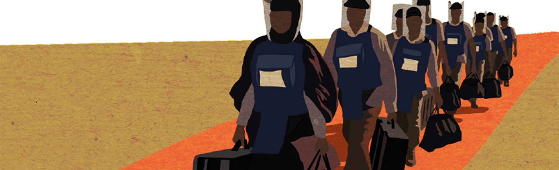 A painting of HALO deminers wearing PPE and carrying equipment walking in a line