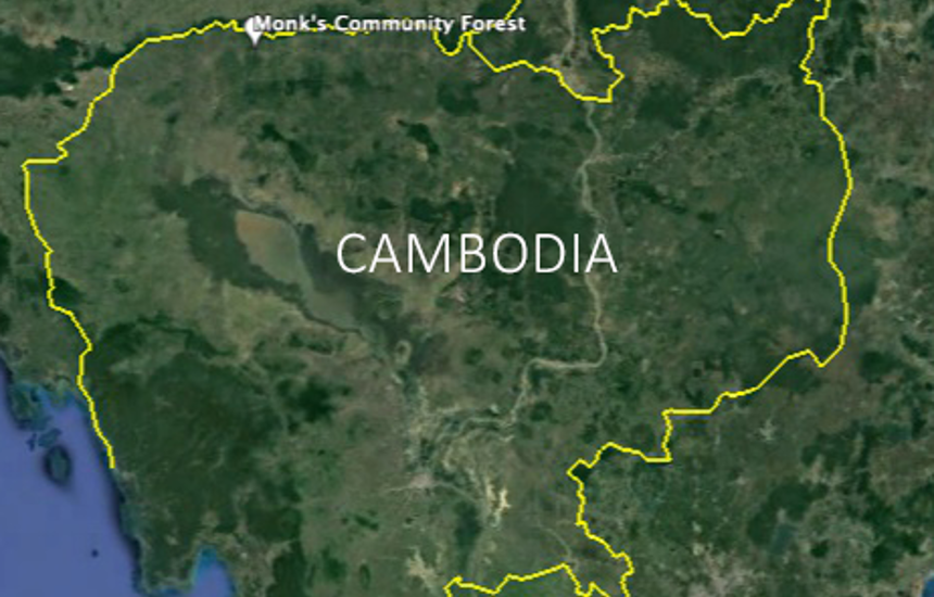 Satellite map image of Cambodia highlighting the location of the Monk's Community Forest