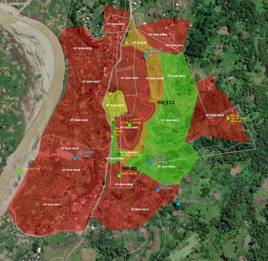 A satellite map image highlighting areas of explosive contamination remaining eight decades after the conflict