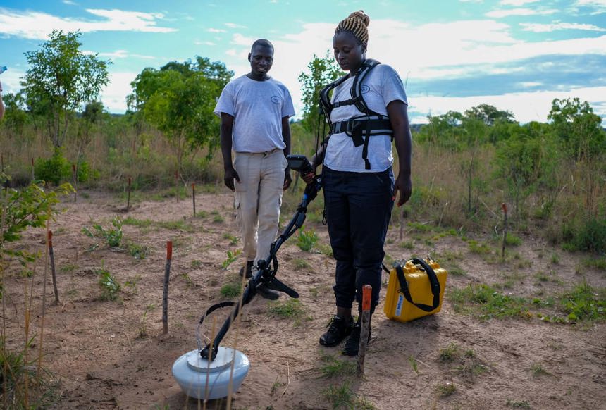HALO trust staff trial an innovative detector produced by MRead in a rural minefield in Angola by