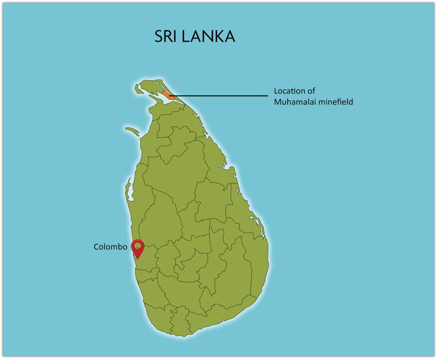 A map of Sri Lanka showing the Muhamalai minefields
