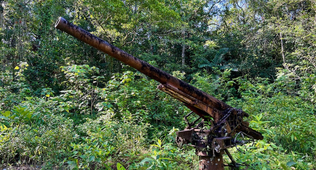 Japanese 75mm anti-aircraft guns on the hills above the airfield at Munda