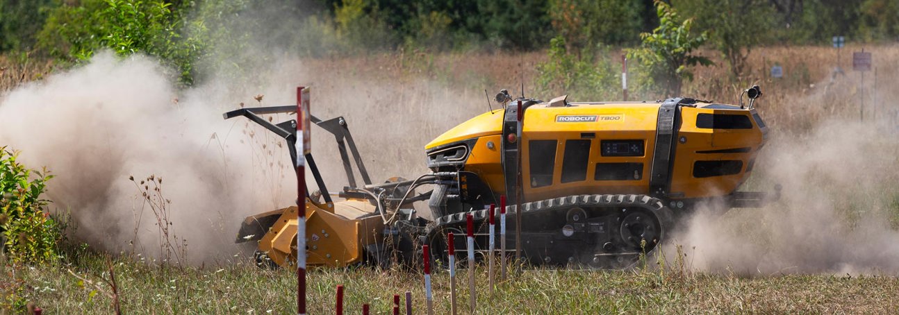 Robotcut works on a mine marked field in the Kyiv Region