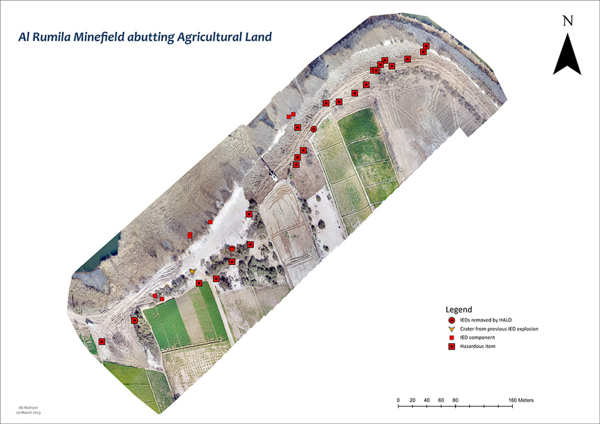 Satellite image of a minefield surrounding agricultural in Iraq