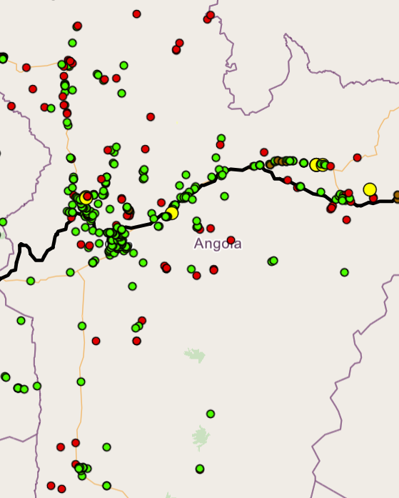 Dots on a map of Angola showing minefields still to be cleared along the Lobito Corridor