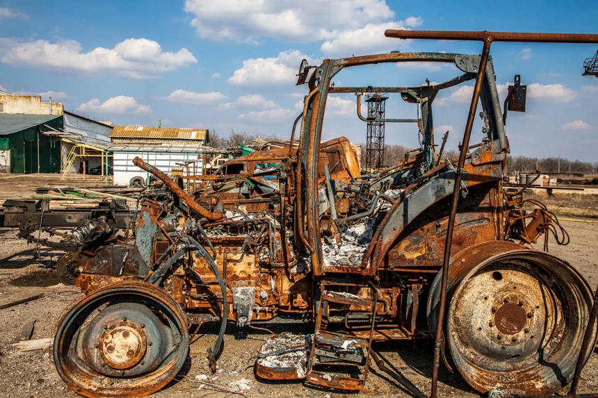 A destroyed tractor in Kharkiv, Ukraine