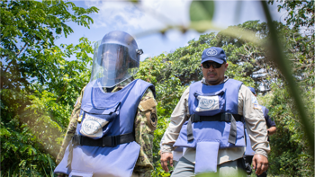 Captain Flores, wears PPE and walks through a forest with a HALO technician