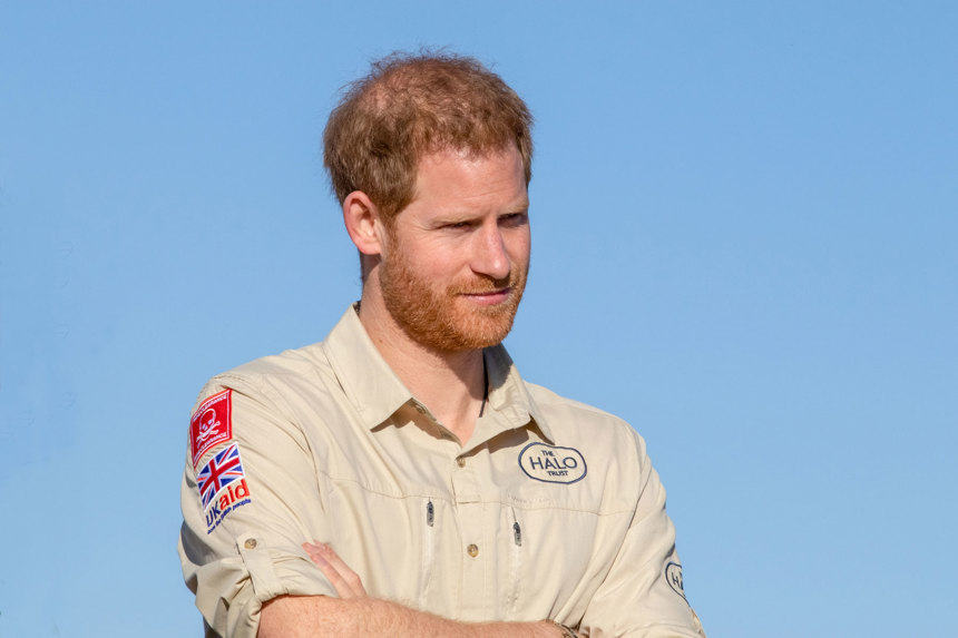 Prince Harry wears a HALO Trust shirt displaying the HALO and UK Aid Logos