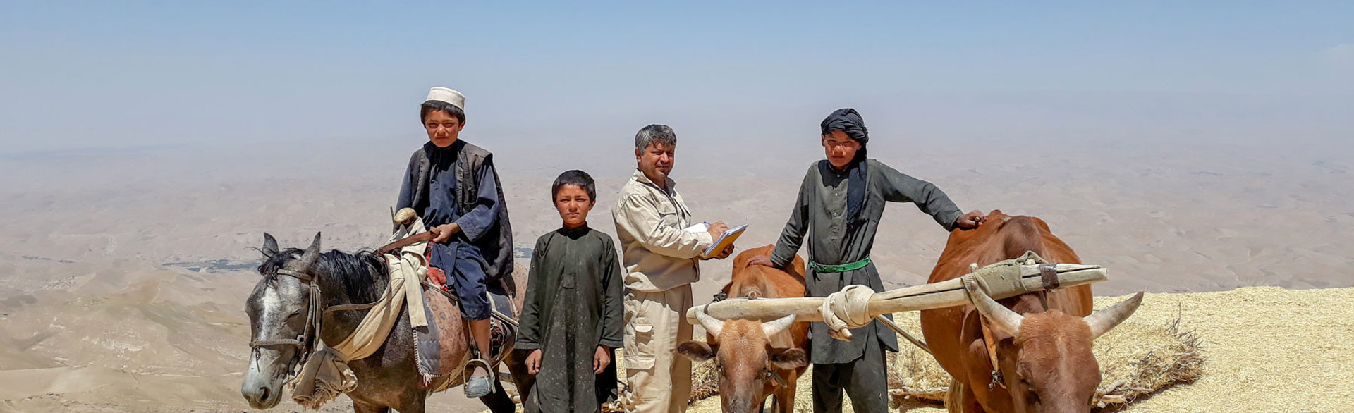 Three children and a man guide a horse and two cows