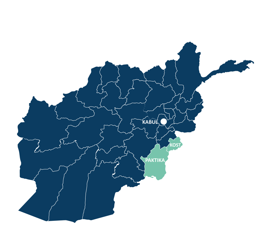 Map of Afghan provinces with Kabul pinned and Paktika and Khost highlighted