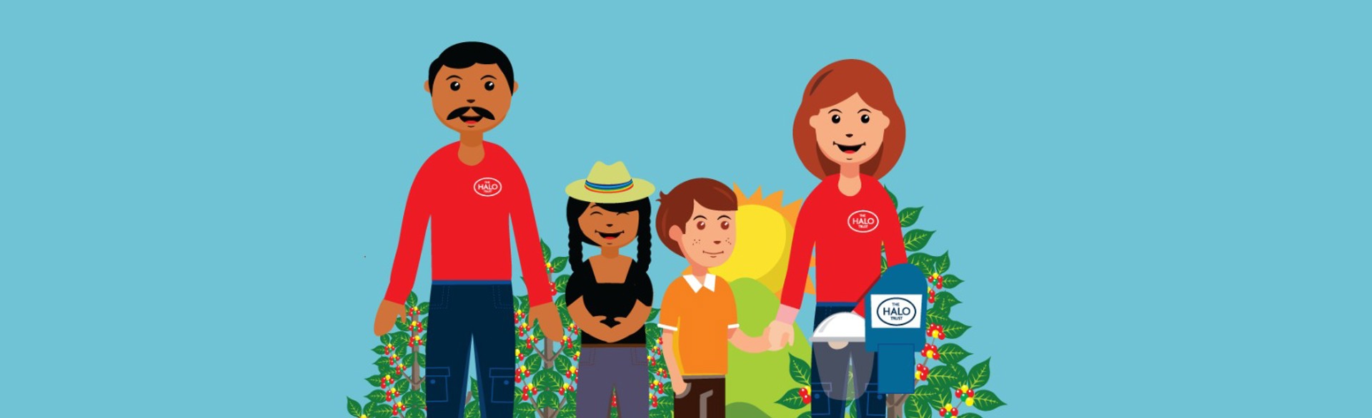 A cartoon picture of two deminers holding hands with two children