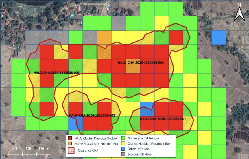 Satellite image with different coloured blocks highlighting areas of contamination