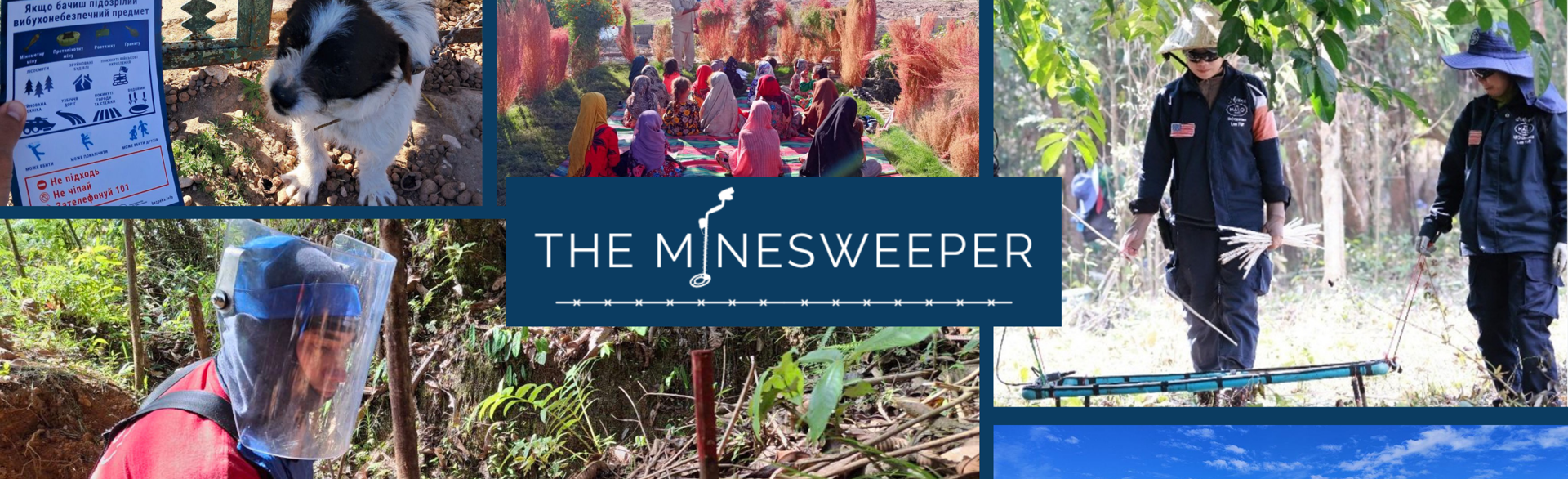 Collage banner for The Minesweeper newsletter featuring HALO’s global demining work: a mine risk education sign in Ukrainian, a dog used in detection, a risk education session with Afghan girls outdoors, a female deminer in protective gear working in a trench, two HALO staff using a large loop detector in a forested area, and a bright yellow field in Ukraine. Centered is the title “The Minesweeper” with a stylized mine detector graphic.