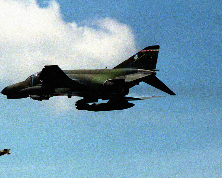 A US plane in the sky during the aerial bombing campaign in Laos