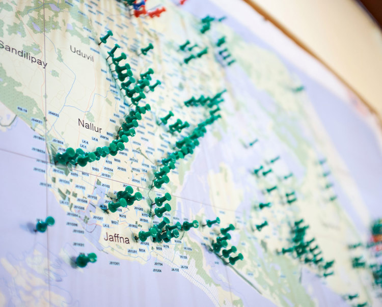 A map of Sri Lanka with pins inserted at minefield points